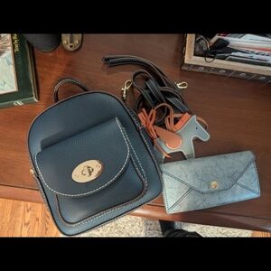 Compact Navy Leather Mini Backpack with Front Pocket